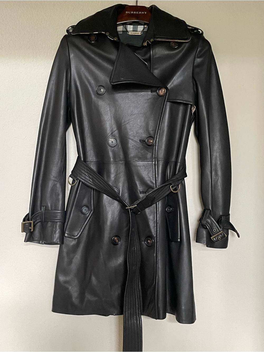 💯 AUTHENTIC Burberry Black Leather Double-Breasted Trench Coat